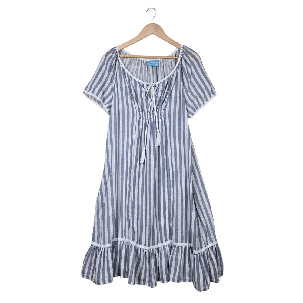 Iconique Linen Dress M Blue White Stripe Tassels Coastal Euro Summer Midi Boho